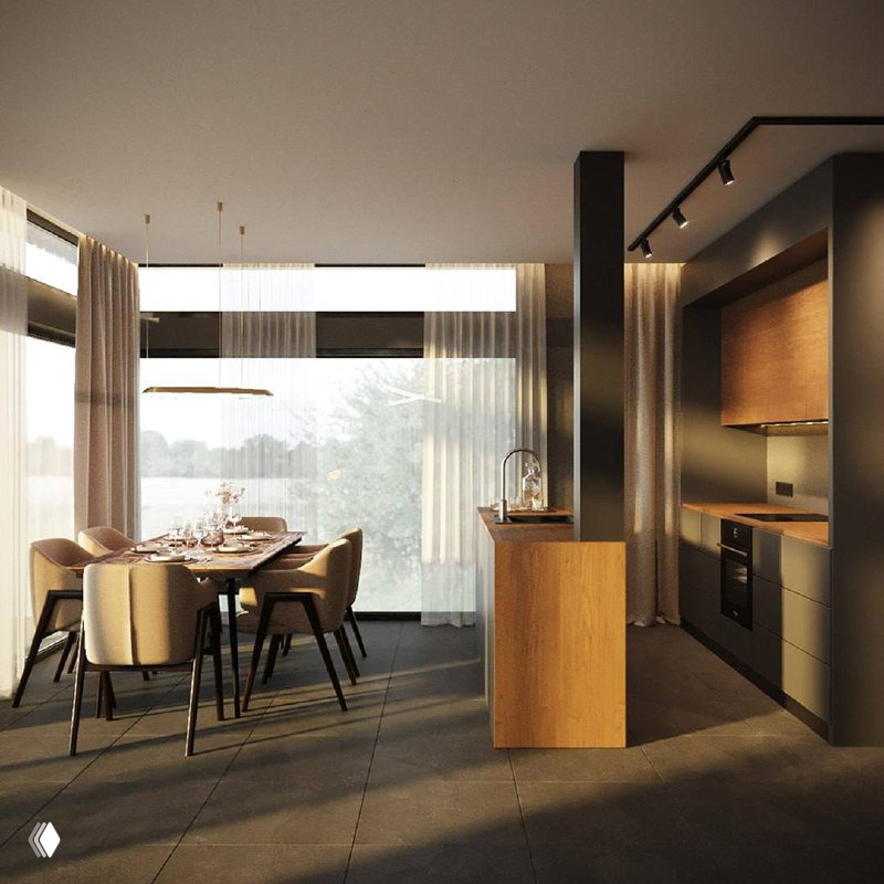 Современная кухня‑столовая с мягким естественным светом через панорамные окна, тёмными поверхностями и деревянным кухонным островом.
