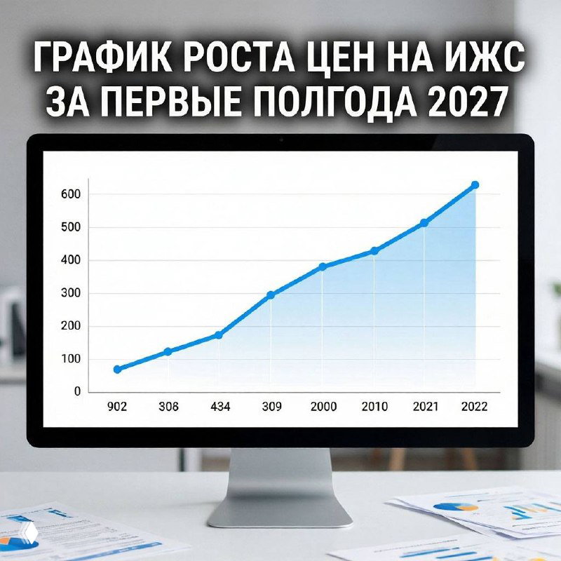 Монитор с графиком роста цен на ИЖС за первые полгода 2027 года на рабочем столе; на заднем плане документы с диаграммами.