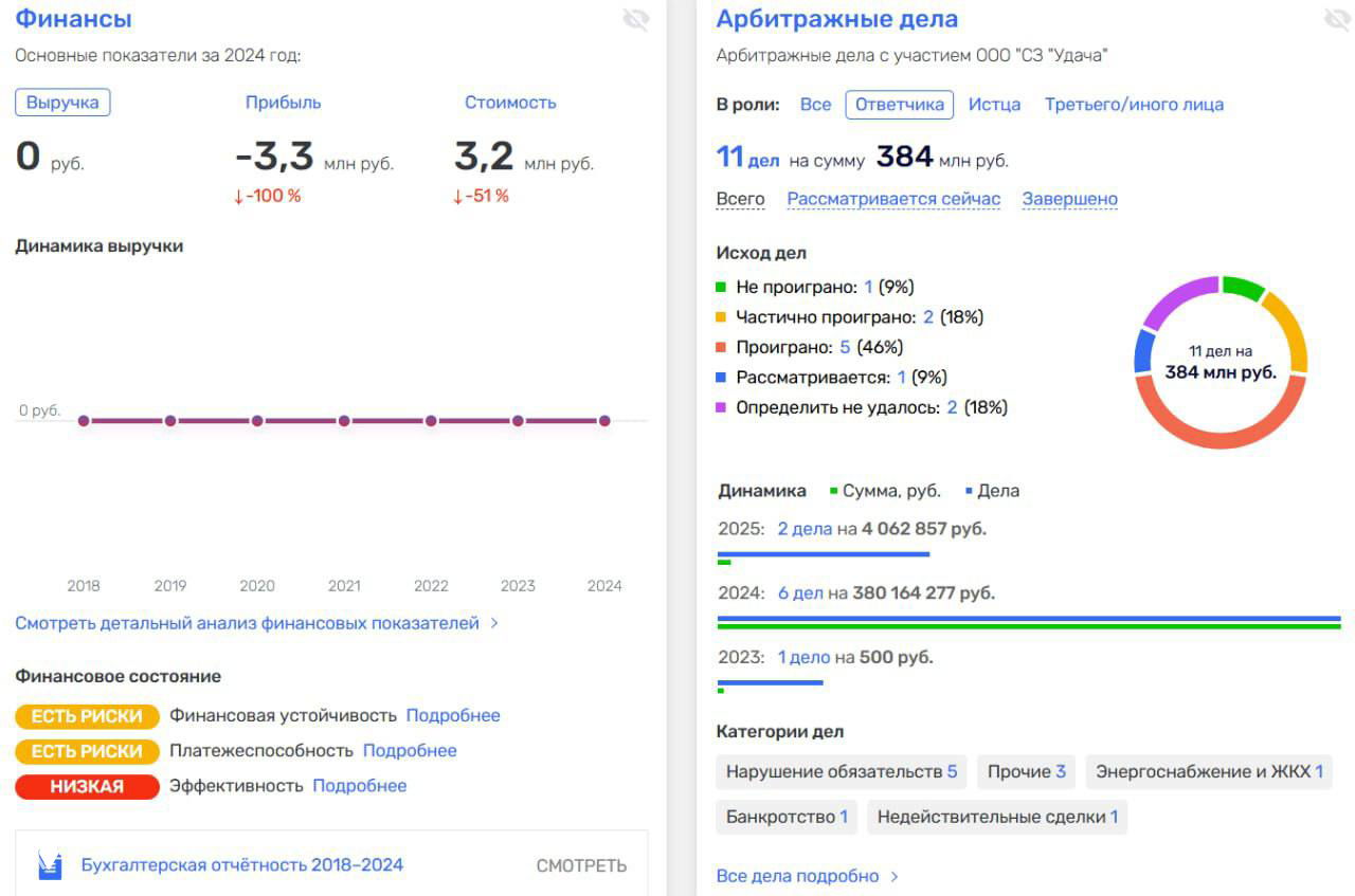 Инфографика финансовых показателей и арбитражных дел застройщика СЗ «Удача»: выручка 0 руб, убыток −3,3 млн руб и суммарные споры около 384 млн руб.