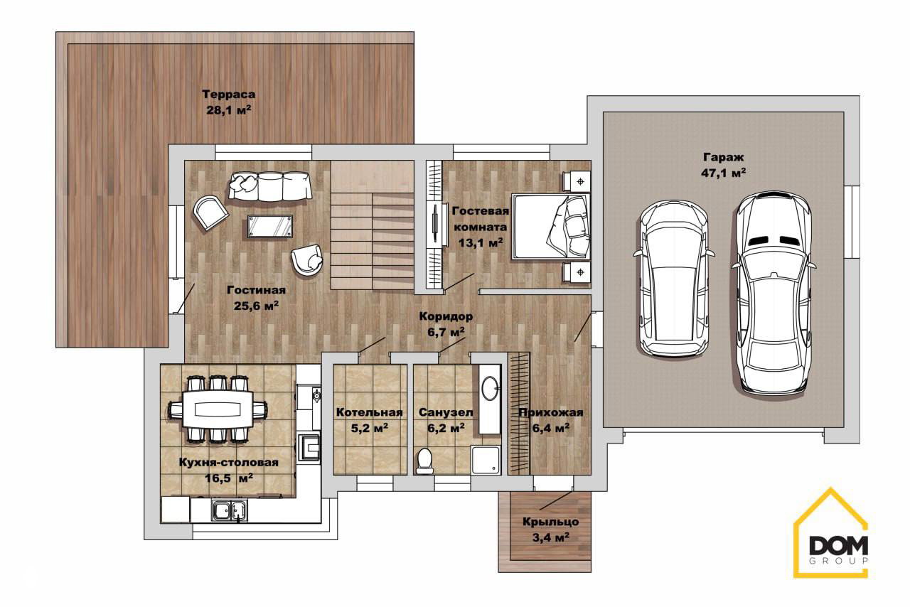 План первого этажа дома: кухня-столовая 16,5 м², гостиная 25,6 м², гостевая комната 13,1 м², котельная, санузел и гараж на два автомобиля
