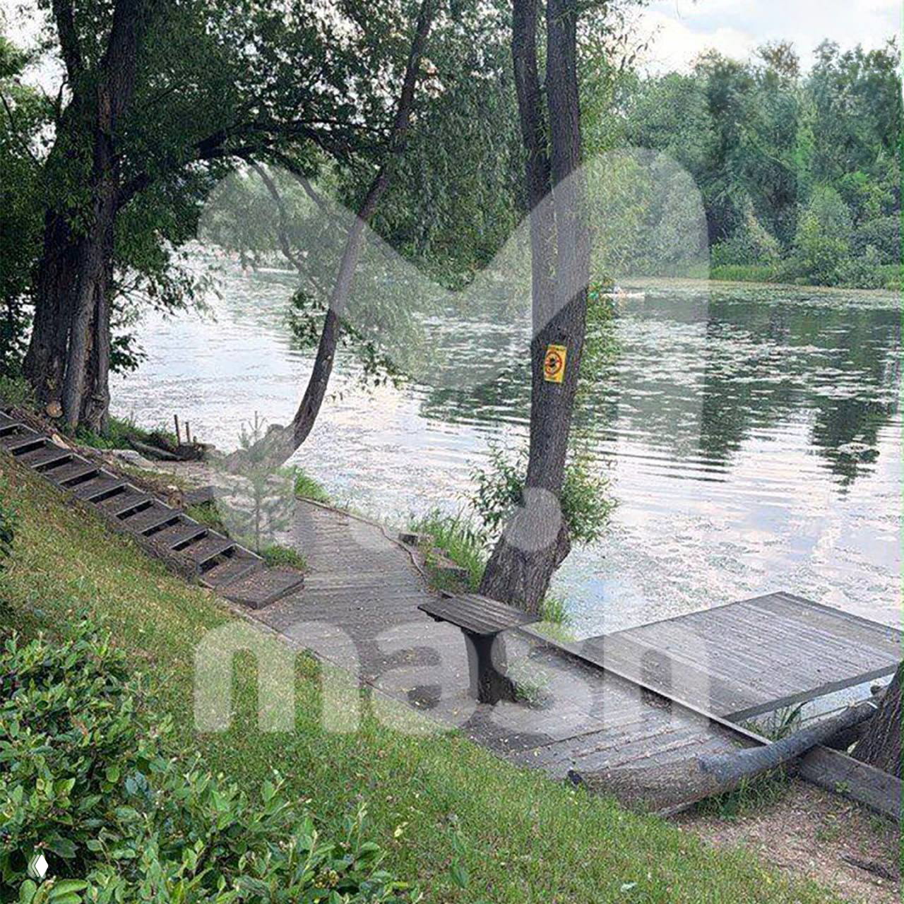 Берег реки с деревянной набережной и причалом, деревья и зелёная зона отдыха у воды; вид первой линии в деревенской усадьбе.