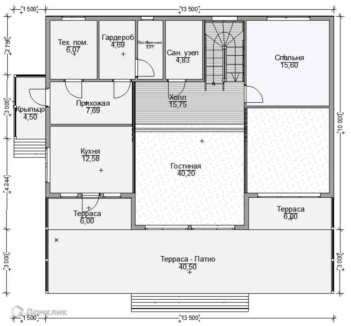 План первого этажа c кухней, большой гостиной 40,2 м² и террасой-патио 40,5 м²; показаны техническое помещение и входная зона.