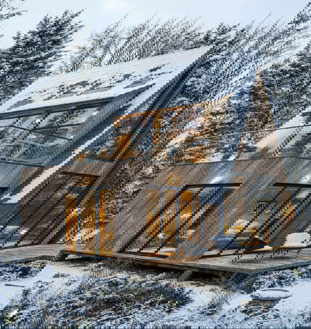 Угловой вид на дом с панорамными дверями и террасой, снежный покров на крыше, тёплые огни внутри и заснеженный лес вокруг.