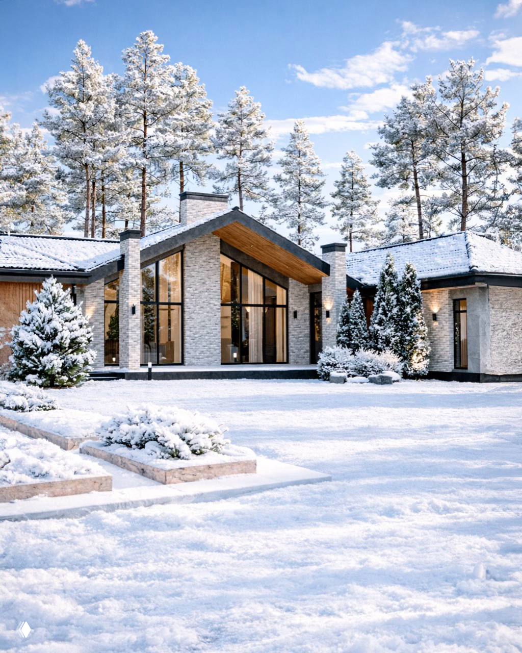 Общий вид участка зимой: дом с крыльцом и заснеженной территорией, аккуратно расставленные декоративные хвойники и засыпанные снегом цветочные грядки.