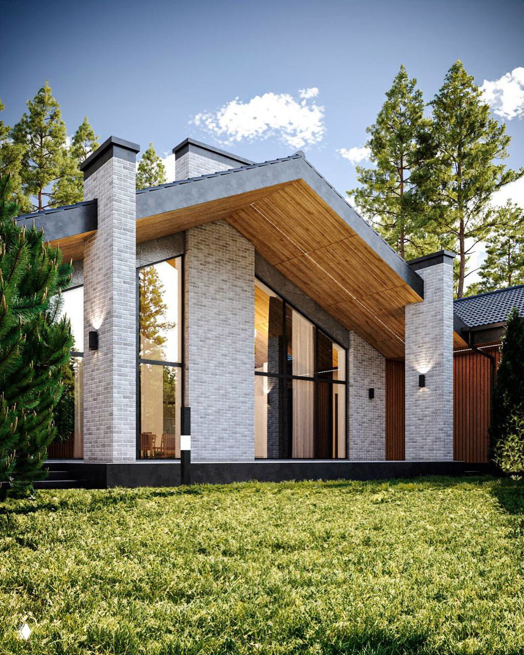 Дневной рендер фасада дома летом: панорамные окна отражают небо, деревянные элементы под свесом кровли и зелёный газон на переднем плане.