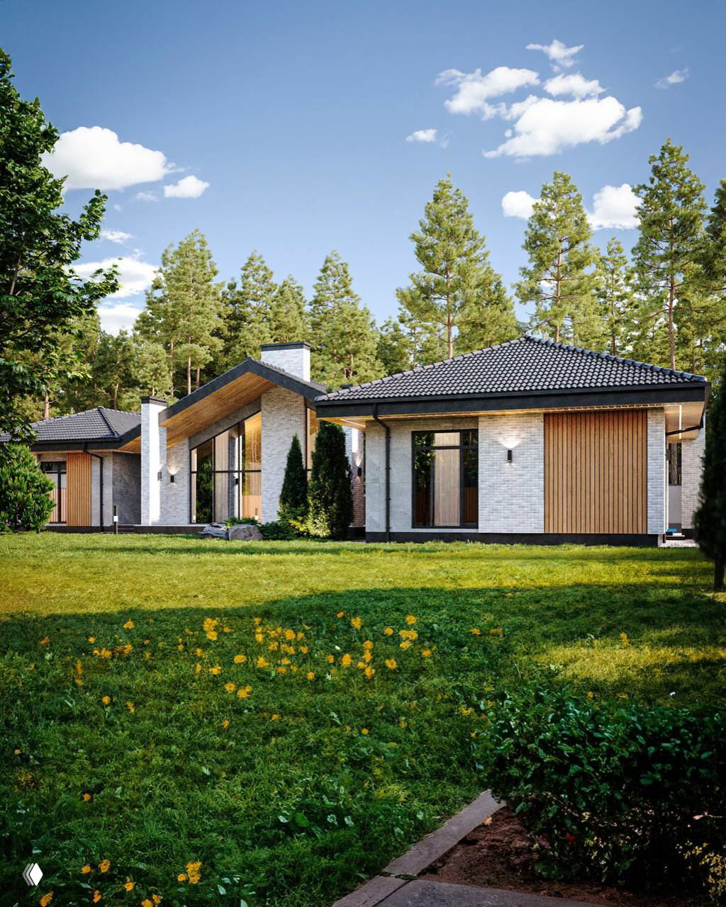 Рендер двора дома в летний период: ухоженный газон, цветочные насаждения и одноэтажные пристройки с большими окнами и деревянными фасадными вставками.