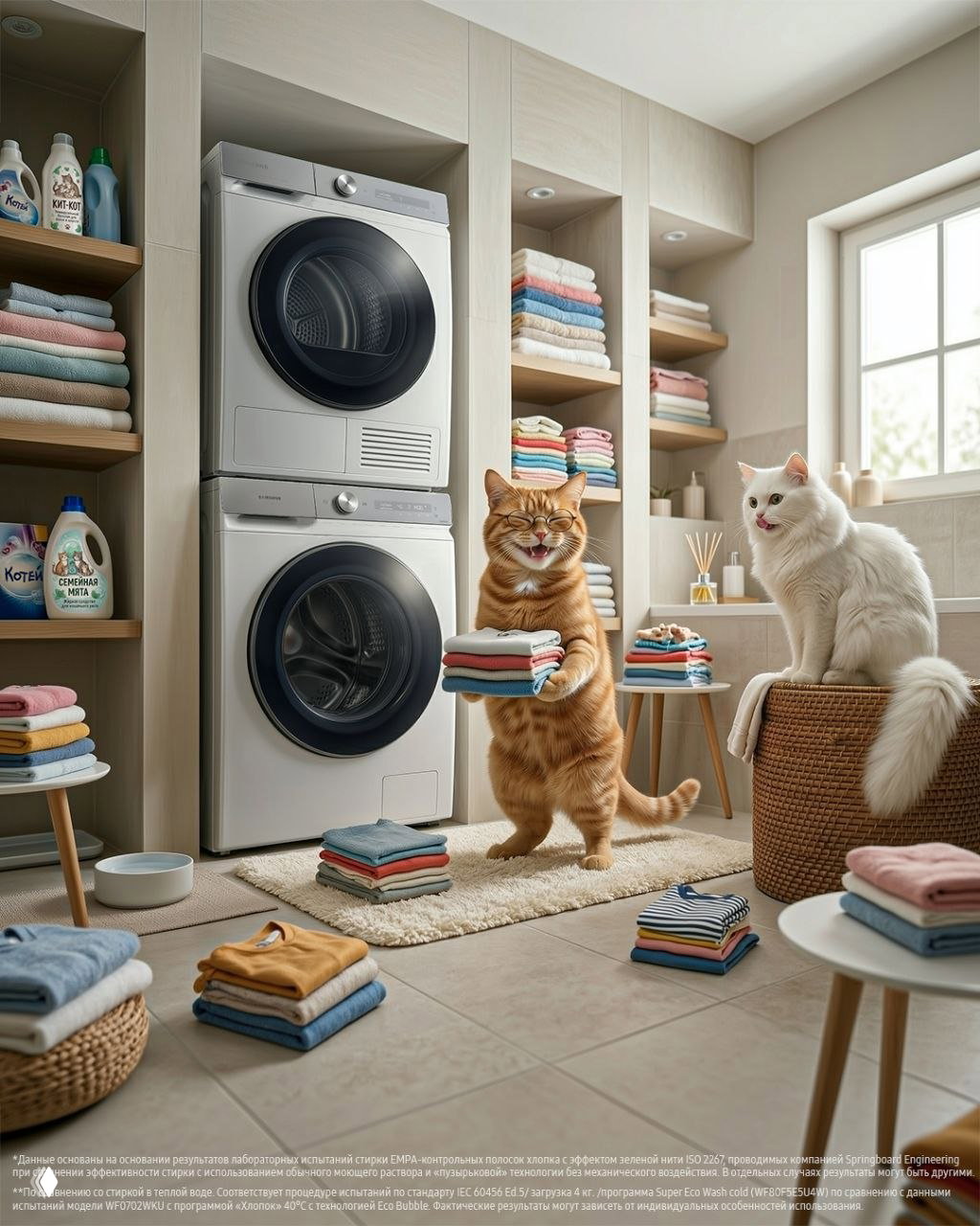 Прачечная с двумя котами у стопок аккуратно сложенного белья и современной стиральной машиной-колонной; светлая комната с полками и полотенцами, демонстрация процесса стирки.