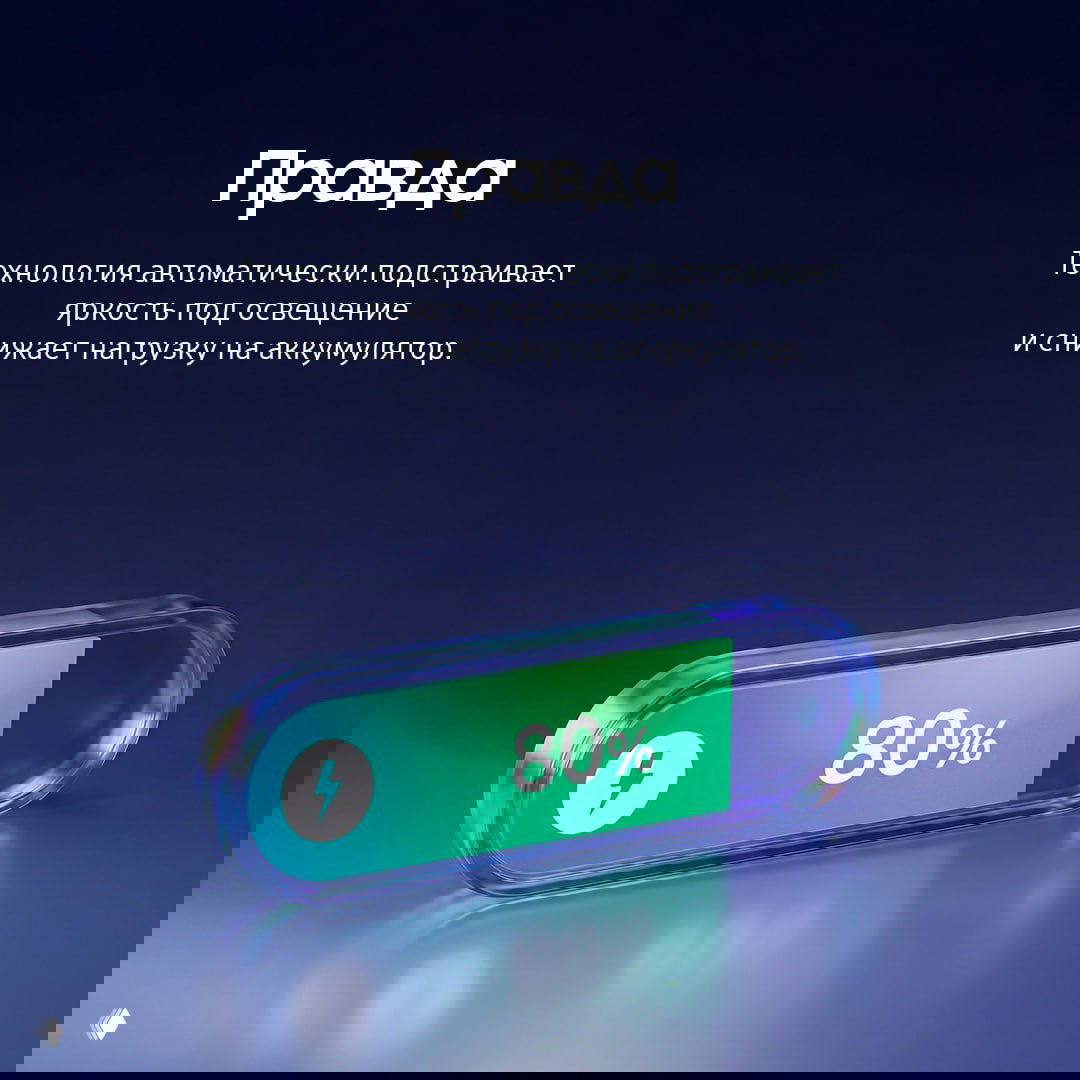 Овальный индикатор с показателем 80% заряда на тёмно‑синем фоне — визуализация рекомендации поддерживать заряд в удобном диапазоне.