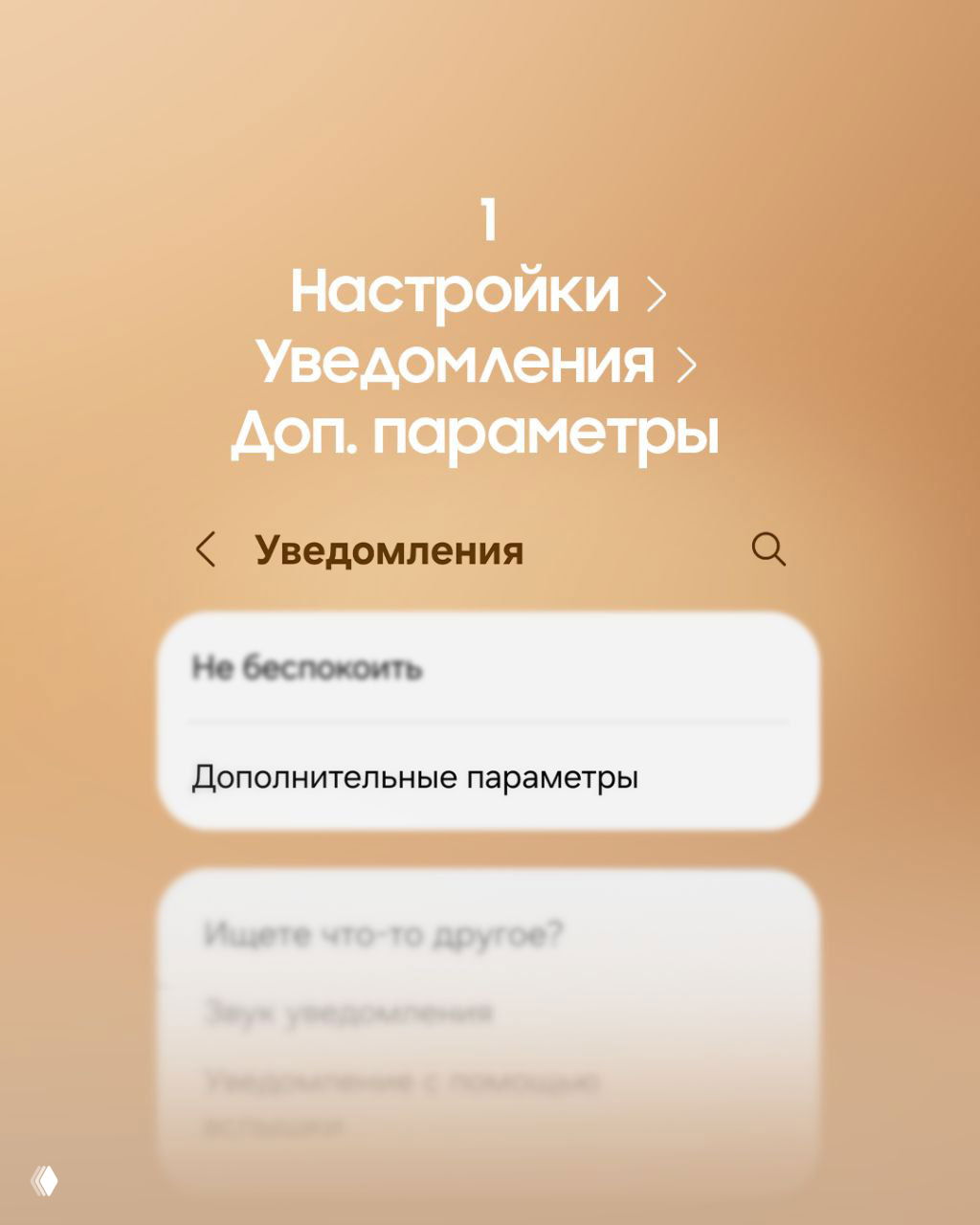 Скриншот раздела «Уведомления» в настройках Samsung: выделена строка «Дополнительные параметры» на размытом фоне интерфейса.