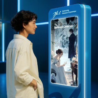 Женщина у светящейся стойки Samsung с экраном, демонстрирующим обложку «Евгений Онегин» — промо приложения «Живые страницы» на фестивале.