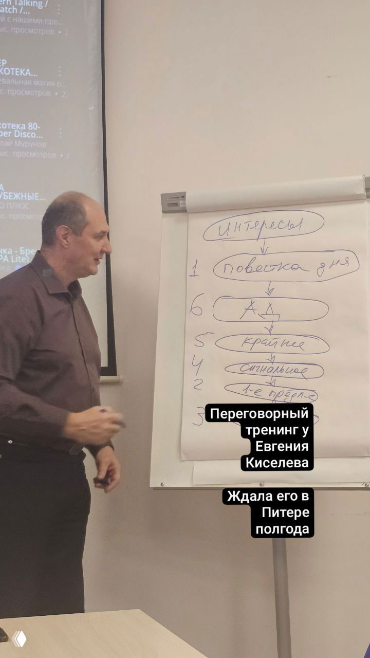 Евгений Киселёв объясняет схему у флипчарта с записями; кадр тренинга по переговорам показывает преподавателя и наглядные материалы.