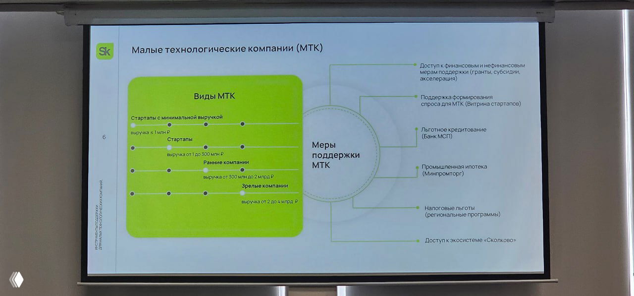 Слайд презентации с схемой «Виды МТК» и перечнем мер поддержки малых технологических компаний — диаграмма и пояснения на экране.