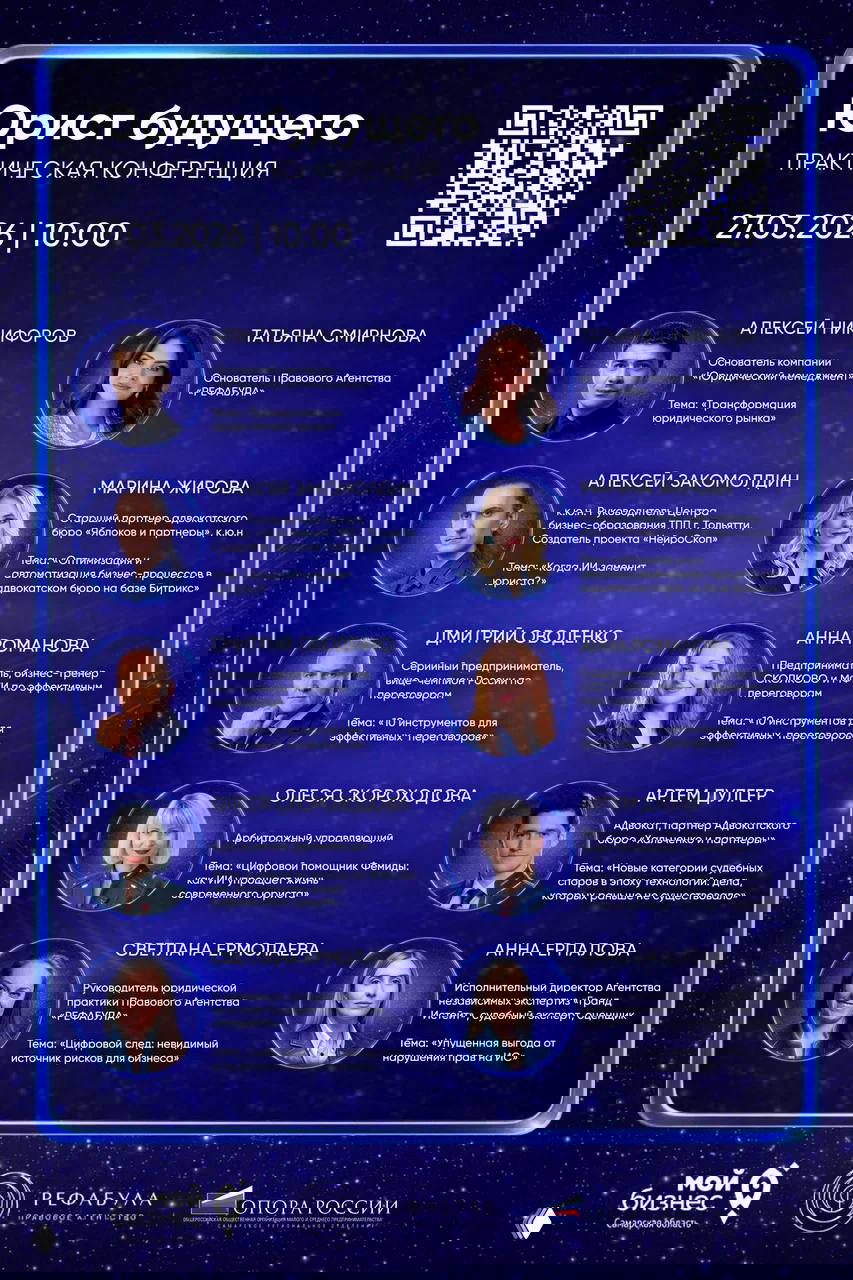 Постер с фотографиями спикеров конференции «Юрист будущего»: имена и темы выступлений, синяя рамка и QR‑код.