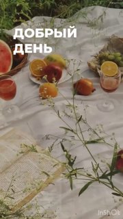 Фрукты на белой скатерти (абрикосы, персики, лимон) с наложенным текстом «ДОБРЫЙ ДЕНЬ» — летний натюрморт и спокойная пикниковая атмосфера.