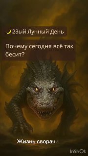 Темная иллюстрация: крупный дракон с горящими глазами на мрачном фоне; сверху текст о 23‑м лунном дне и эмоциях, связанных с завершением.