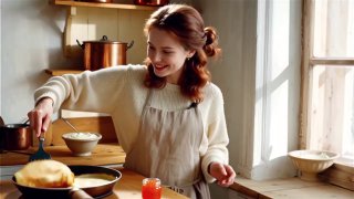 Женщина на кухне жарит блины на сковороде, улыбается в уютной домашней сцене с посудой и окнами на заднем плане