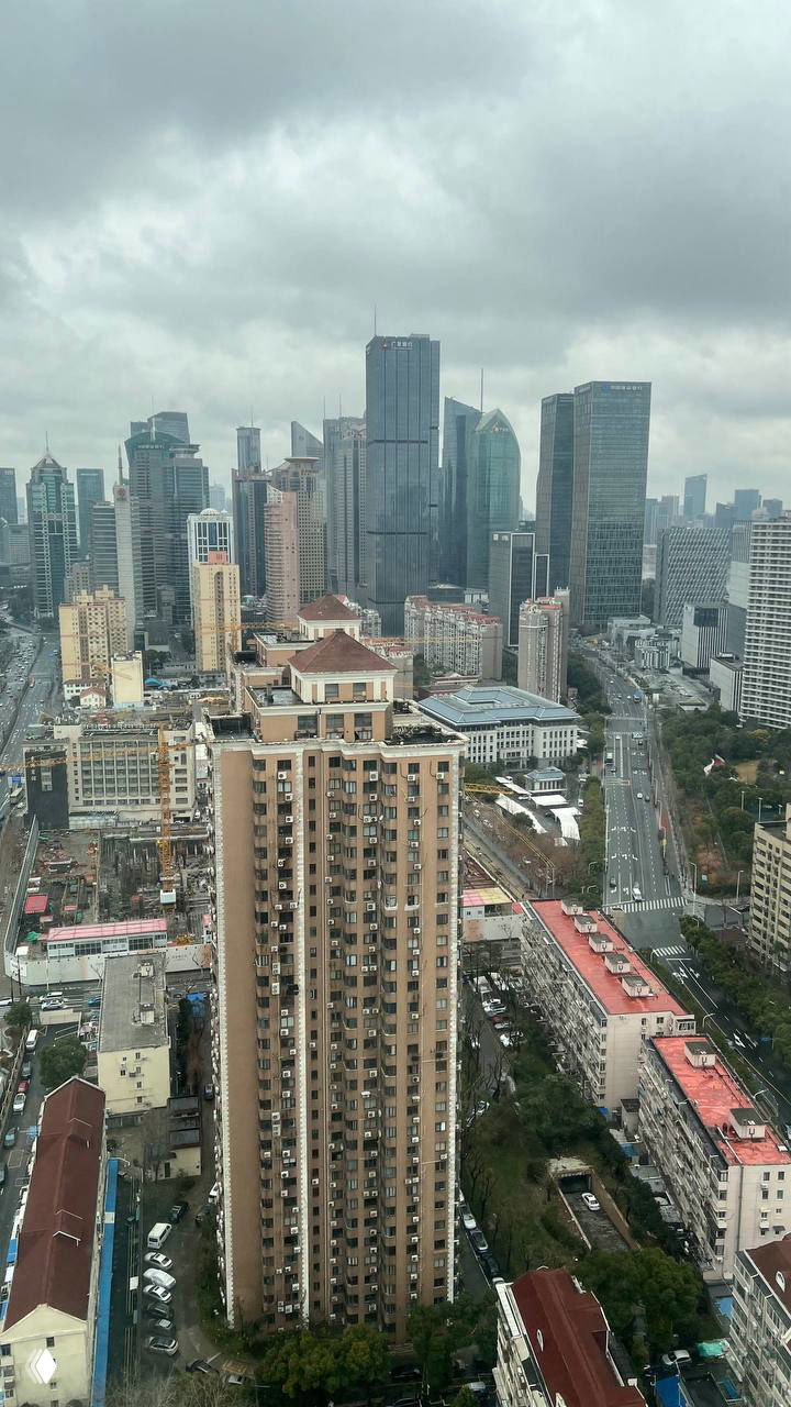 Панорамный вид на деловой район Шанхая днём: высотные офисные здания, жилые дома и городские улицы с автомобилями под облачным небом.