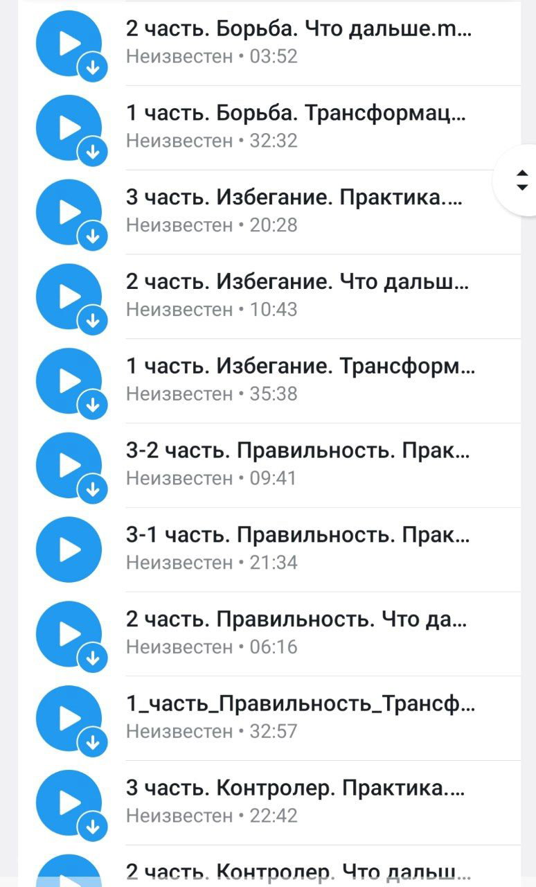 Скриншот списка аудиозаписей: иконки воспроизведения, названия частей (Правильность, Контролер, Избегание и др.) и длительности треков серии.
