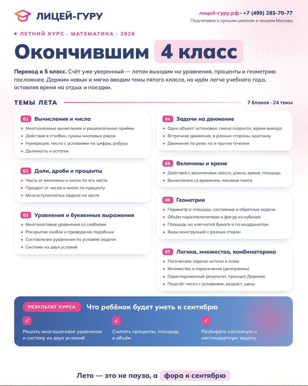 Инфографика летней программы по математике для тех, кто заканчивает 4 класс: список тем лета и навыков, которые укрепят знания.