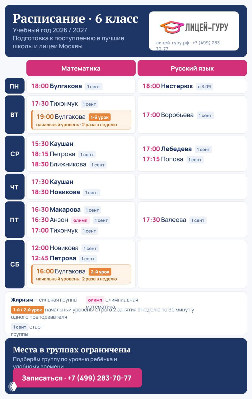Расписание для 6 класса: сетка с днями и временем уроков по математике и русскому, выделены уровни групп и указаны стартовые даты.