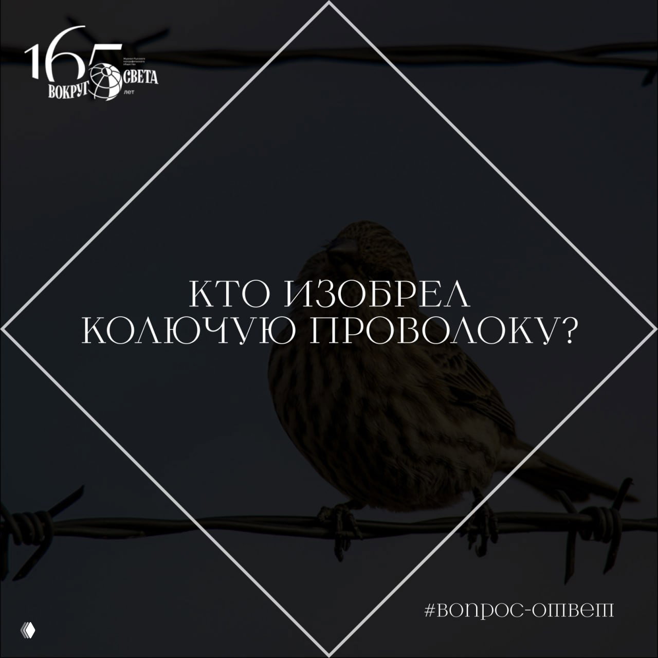 Птица, сидящая на колючей проволоке на тёмном фоне; поверх изображена крупная надпись «Кто изобрел колючую проволоку?» и логотип «Вокруг света».