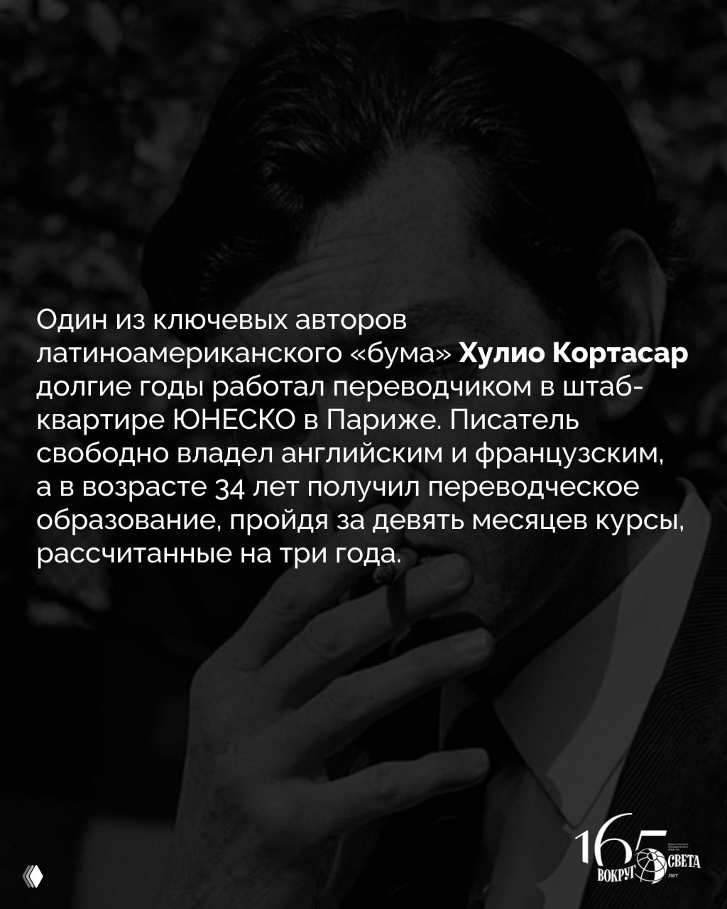 Фото с текстом о Хулио Кортасаре: автор описывается как ключевой фигурант латиноамериканского литературного бума и бывший переводчик в штаб‑квартире ЮНЕСКО.