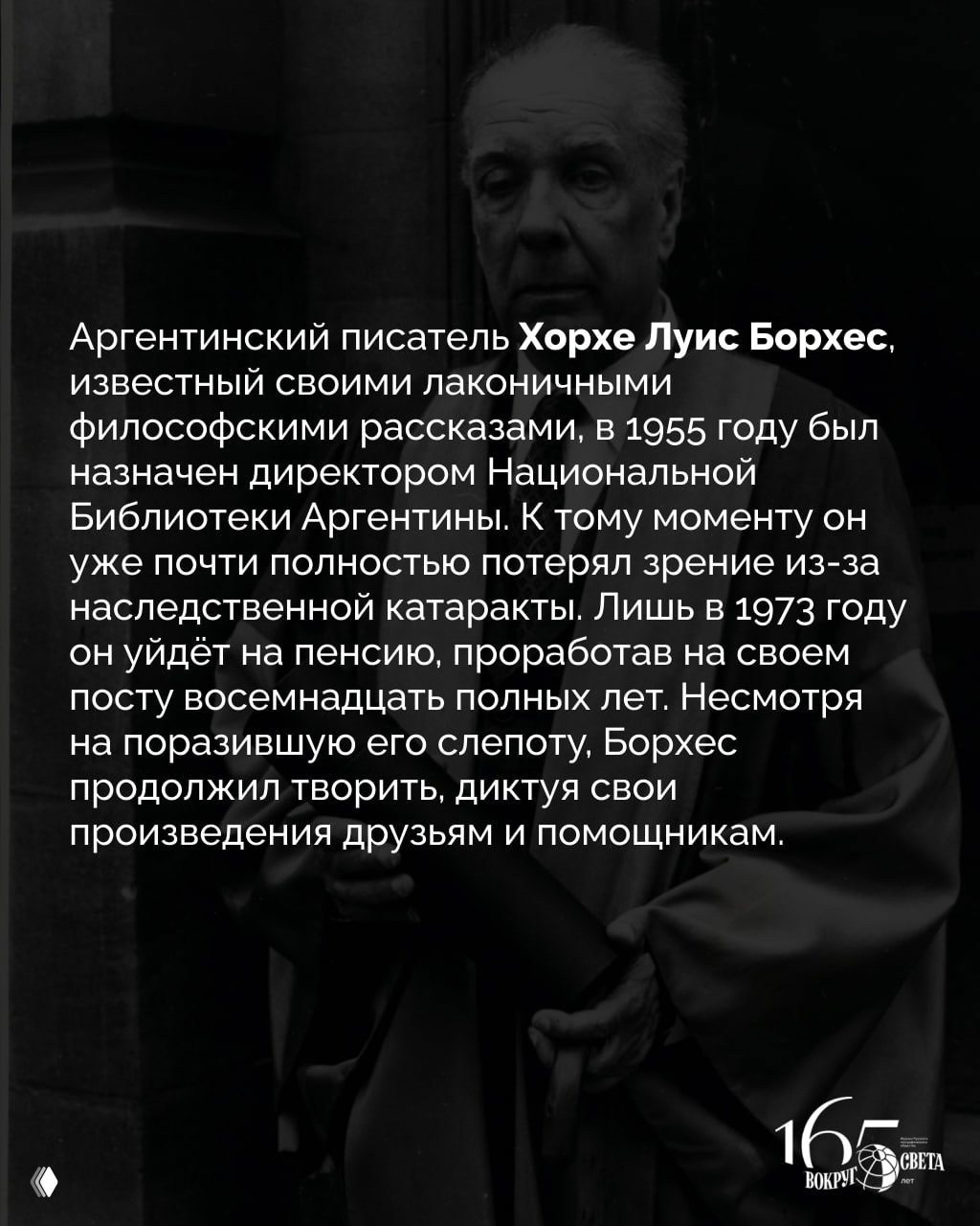Портрет Хорхе Луиса Борхеса на темном фоне с текстом о его назначении директором Национальной библиотеки Аргентины и проблемах со зрением.