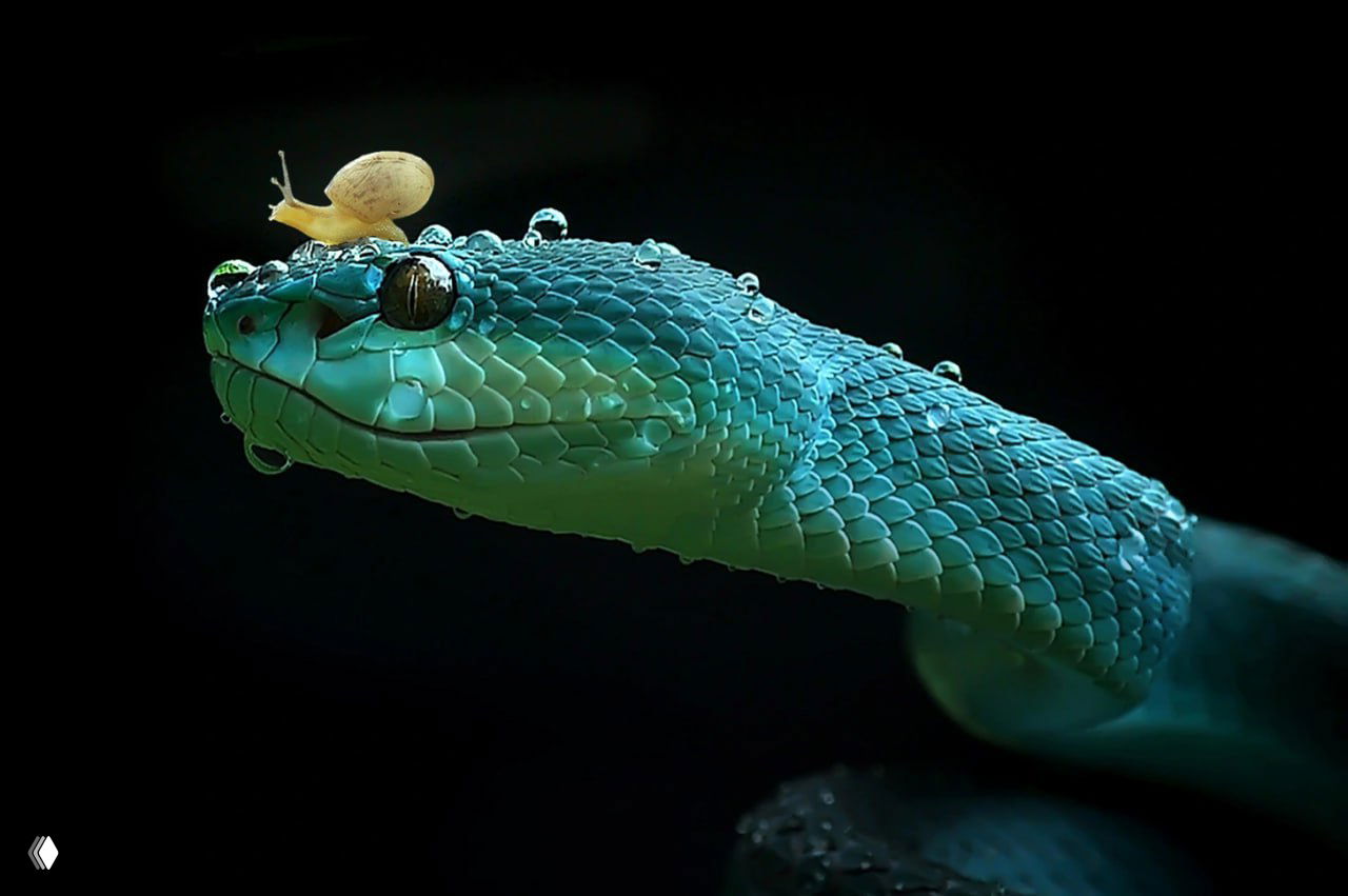 Синяя куфия на тёмном фоне с маленьким слизняком на голове; подчёркнуты морда и текстура чешуи, создающие контраст и фокус на рептилии.