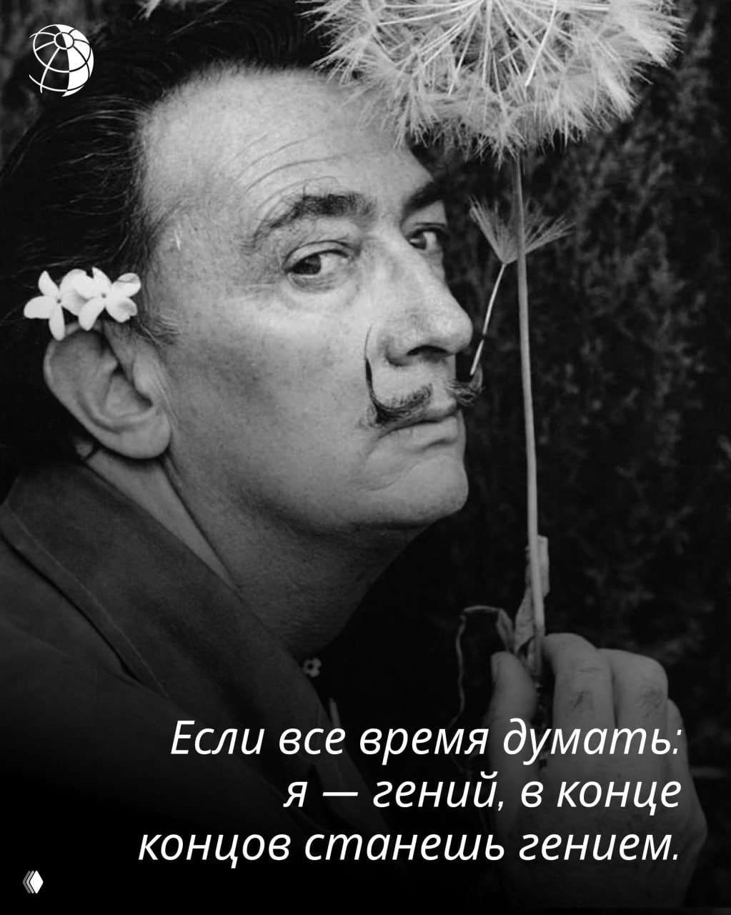 Полупрофильный портрет Сальвадора Дали с цветком у лица, характерные усы и задумчивый взгляд; изображение исполнено в чёрно‑белых тонах с наложенной цитатой.
