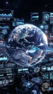 Стилизованное изображение Земли в цифровом окружении с графиками и интерфейсами, иллюстрирующее ИИ для прогнозирования погоды и обработку данных.