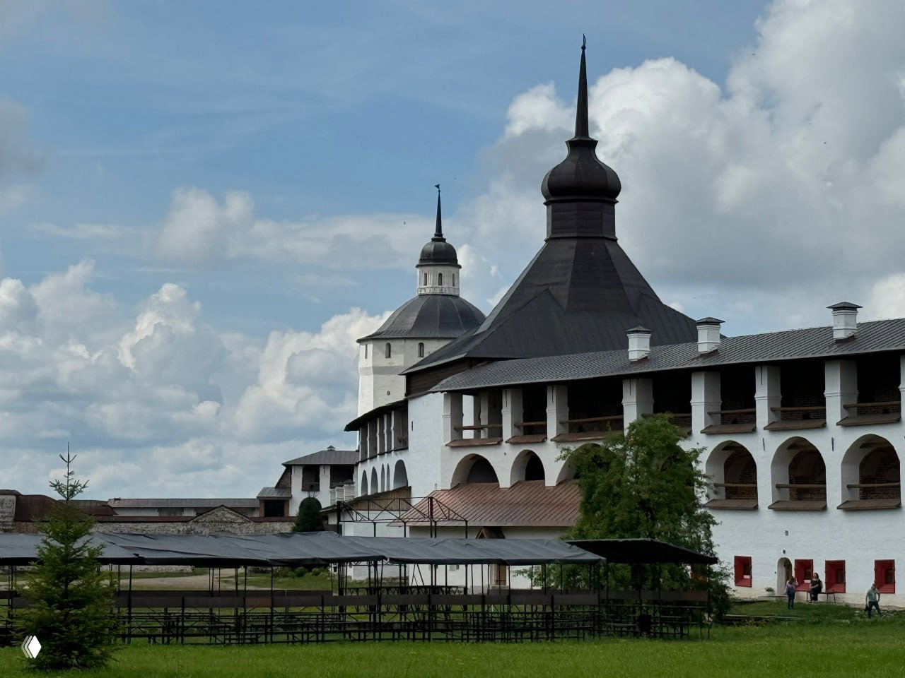 Архитектурные аркады и наружные галереи Кирилло‑Белозерского монастыря: белокаменные стены, деревянные покрытые переходы и окружающая зелень в летний день.