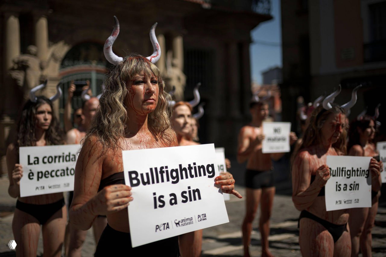 Крупный план протестующей с табличкой «Bullfighting is a sin», тело покрыто краской, выражение серьёзности и политическое послание акции.
