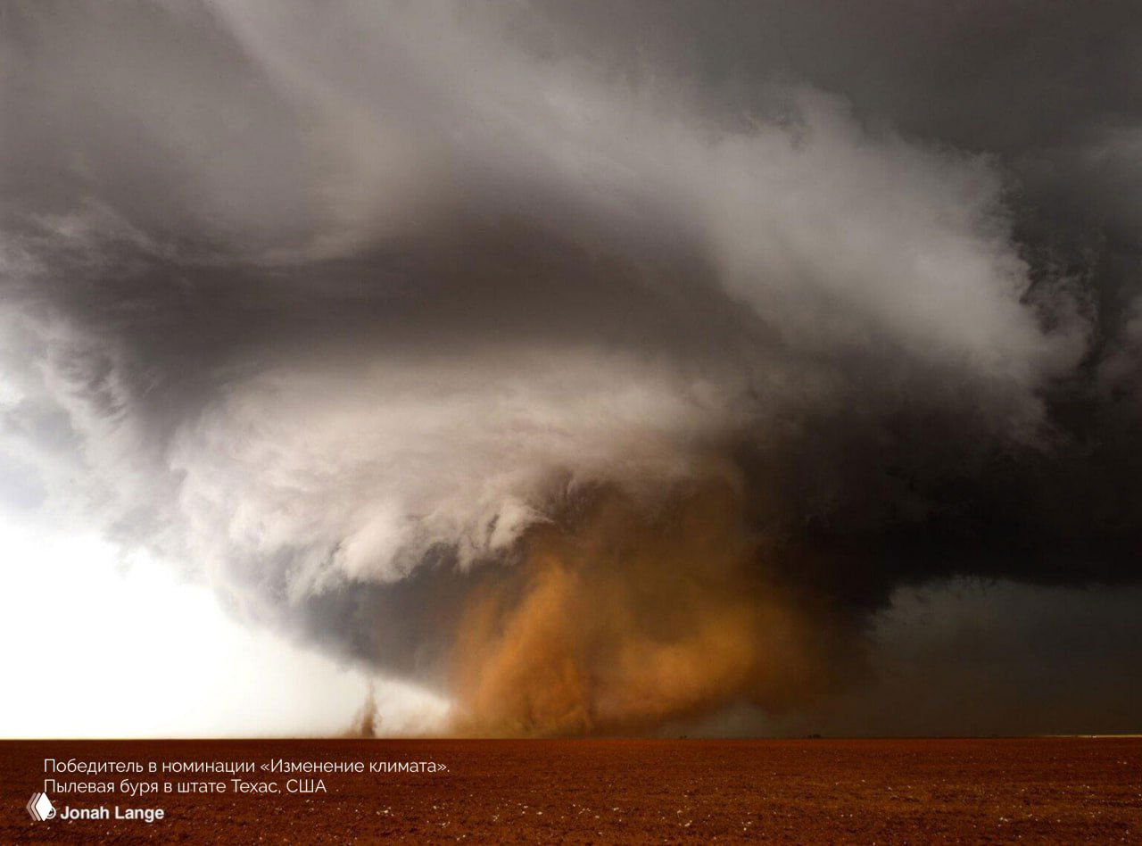 Мощный торнадо или пыльная буря над равниной: драматичные тёмные облака и поднимающаяся пыль на горизонте, контрастный верхний купол облаков.