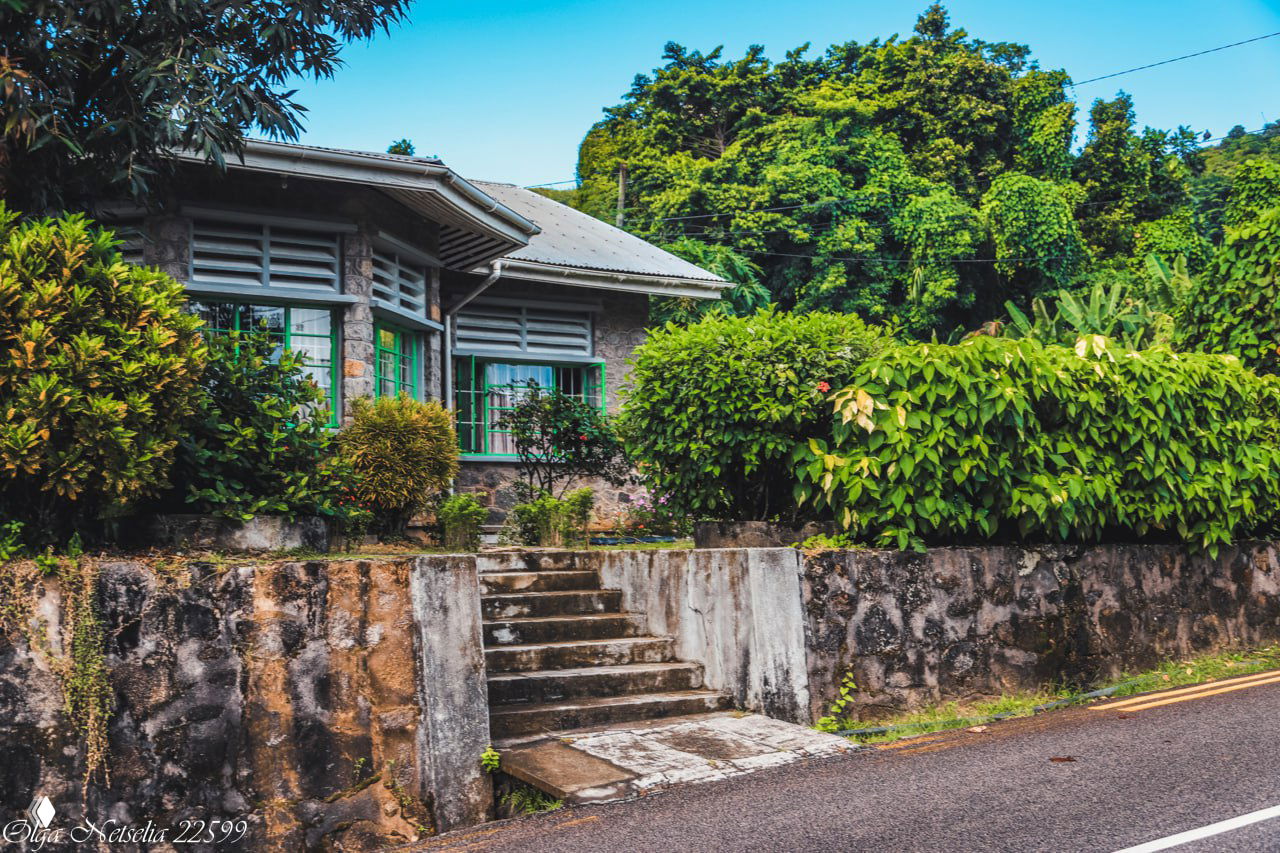 Старинный дом с террасой и каменной лестницей среди пышной тропической зелени и цветущих кустов на одной из улиц Сейшельских островов.