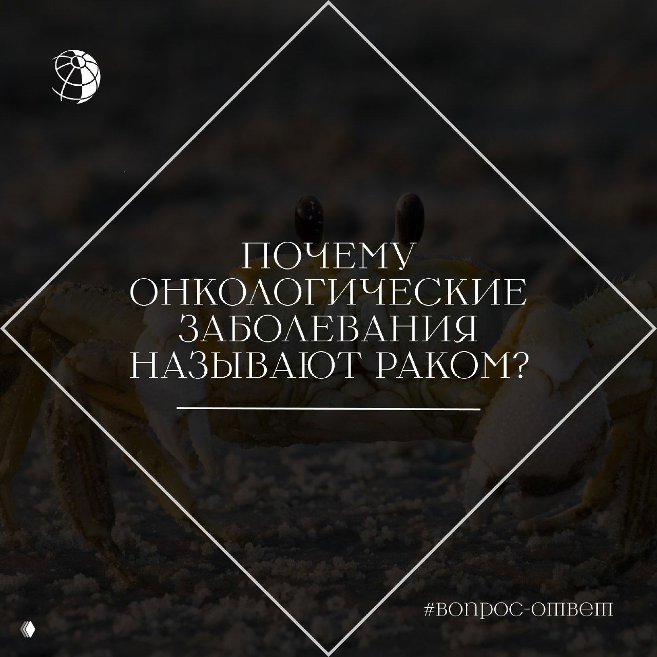 Крупный план краба на песчаном берегу, затемнённый фон и графическое наложение с заголовком «Почему онкологические заболевания называют раком?»