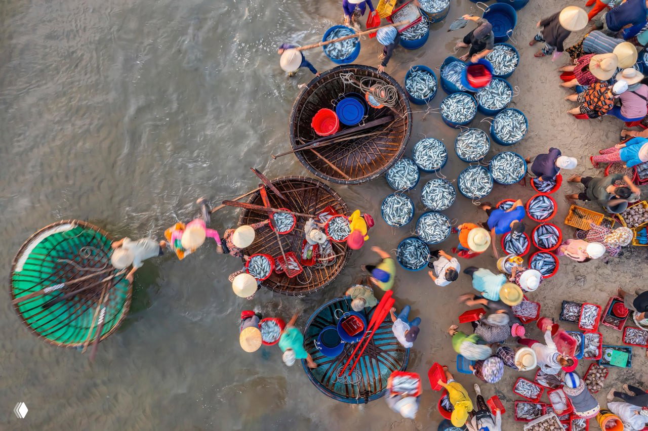 Вид сверху на береговую линию: круглые бамбуковые лодки-корзины, заполненные свежевыловленной рыбой, и рыбаки с покупателями в утренней суете.