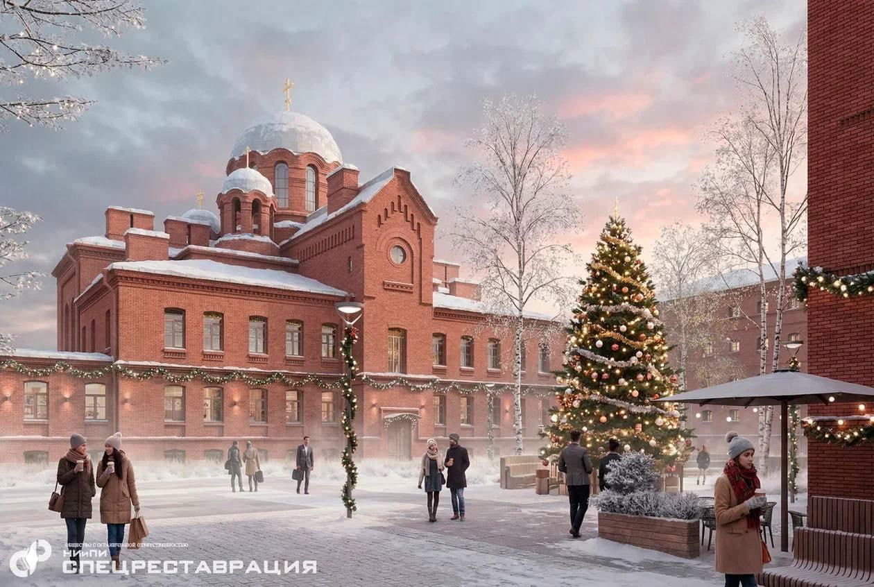 Площадка у купольного здания в зимней визуализации «Крестов»: украшенная ёлка, пешеходы в пальто и архитектурные детали красного кирпича проекта.