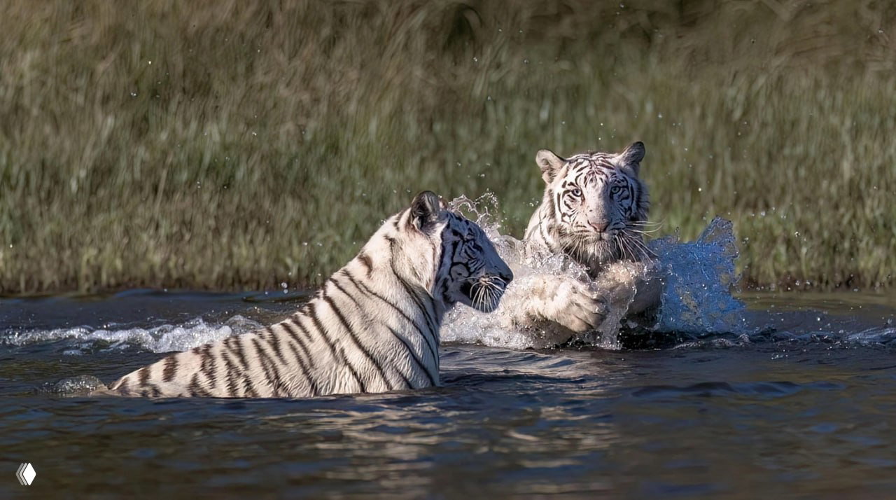 Два редких белых тигра в воде распыляют брызги и взаимодействуют друг с другом в заповеднике Tiger Canyon, снимок Клинта Ральфа, ЮАР.