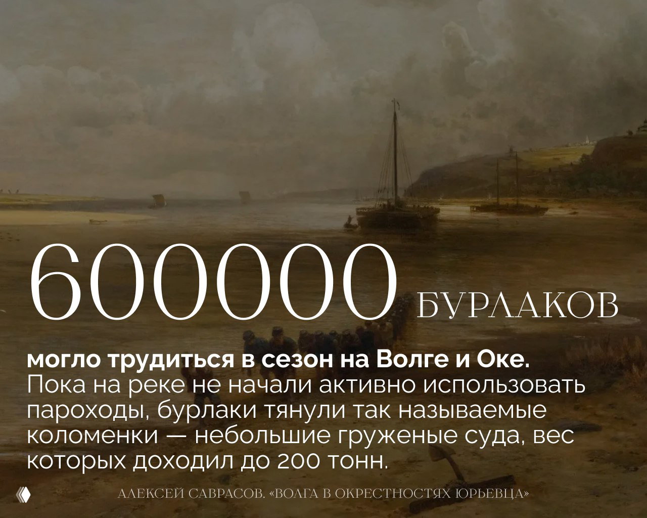 Картина с группой людей на берегу и большой цифрой «600000», текст о числе бурлаков на Волге и Оке в сезон.