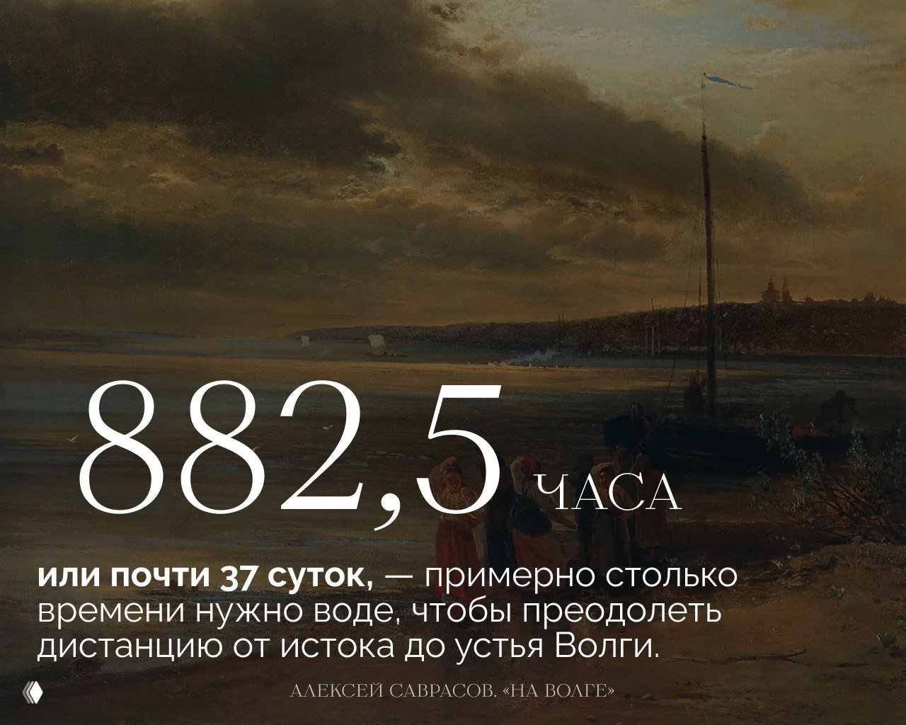 Пейзаж со спокойной рекой и цифрой «882,5 часа», поясняющий время, необходимое воде для прохождения от истока до устья Волги.