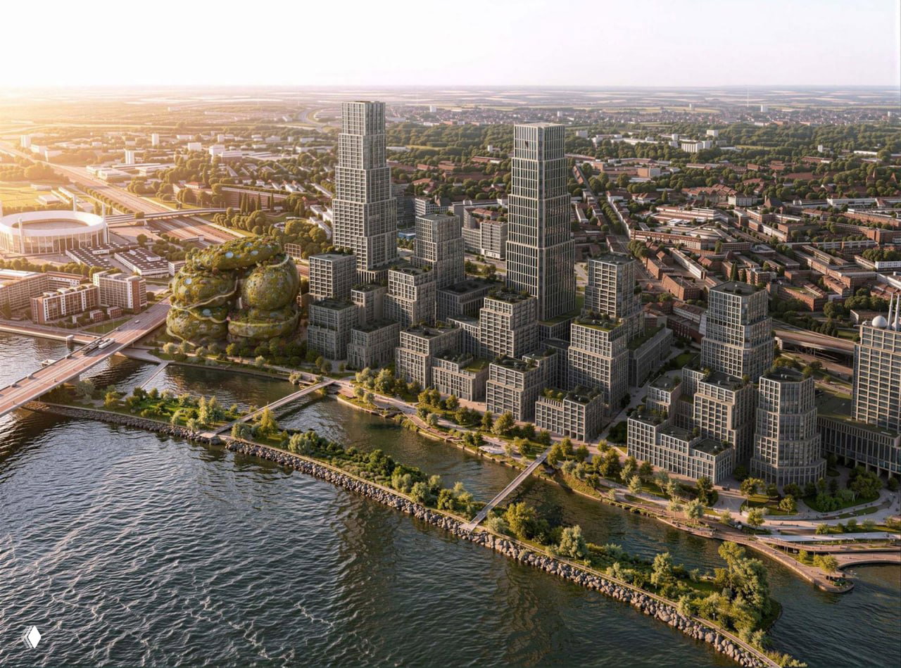 Аэрофотография нового района Waterkant в Роттердаме с проектом Rotterdam Rocks слева у реки и плотной градостроительной застройкой вокруг.