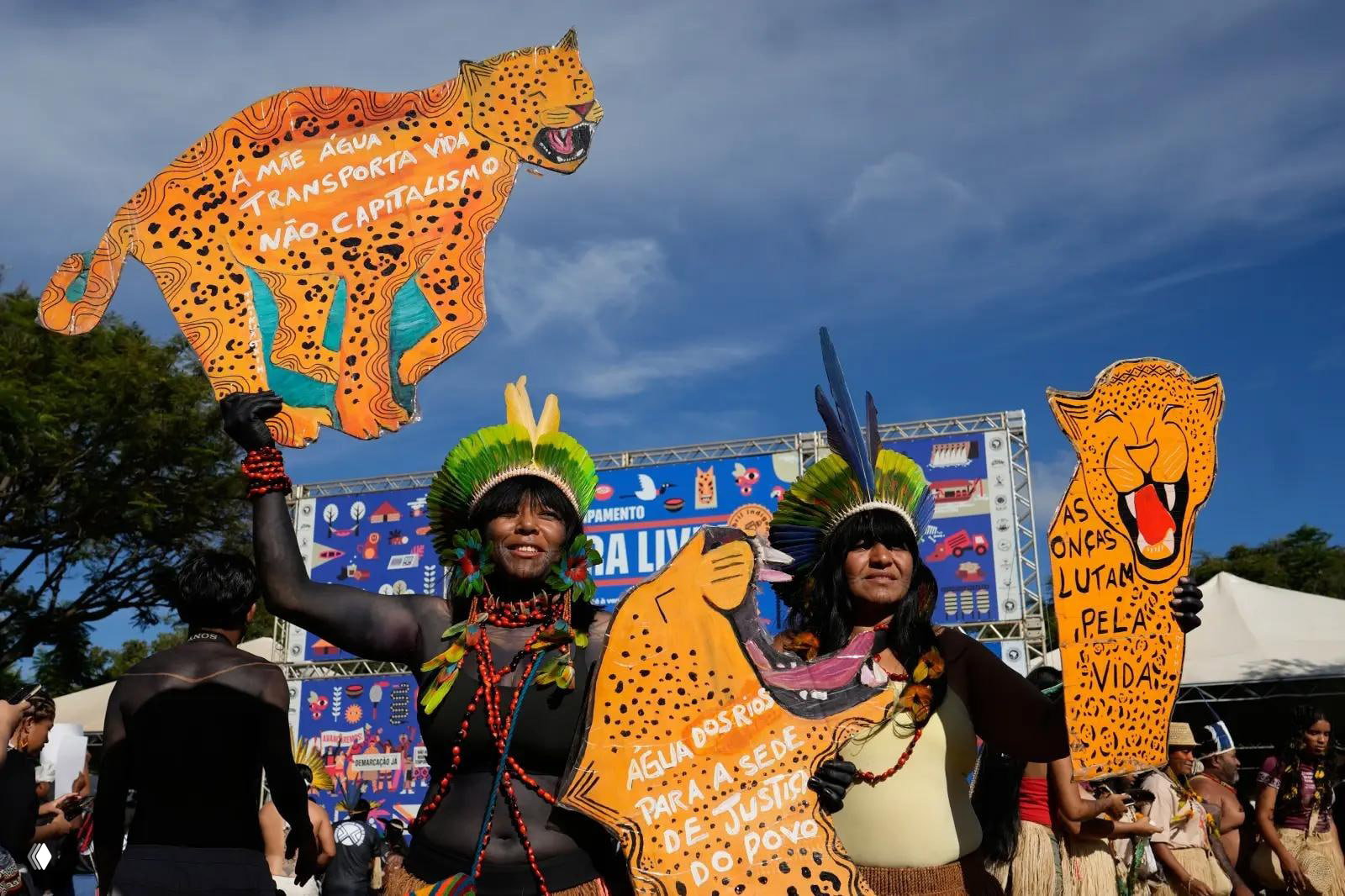 Женщины из коренных племён в традиционных уборных и ярких головных уборах держат плакаты в форме ягуара с лозунгами против капиталистических проектов.