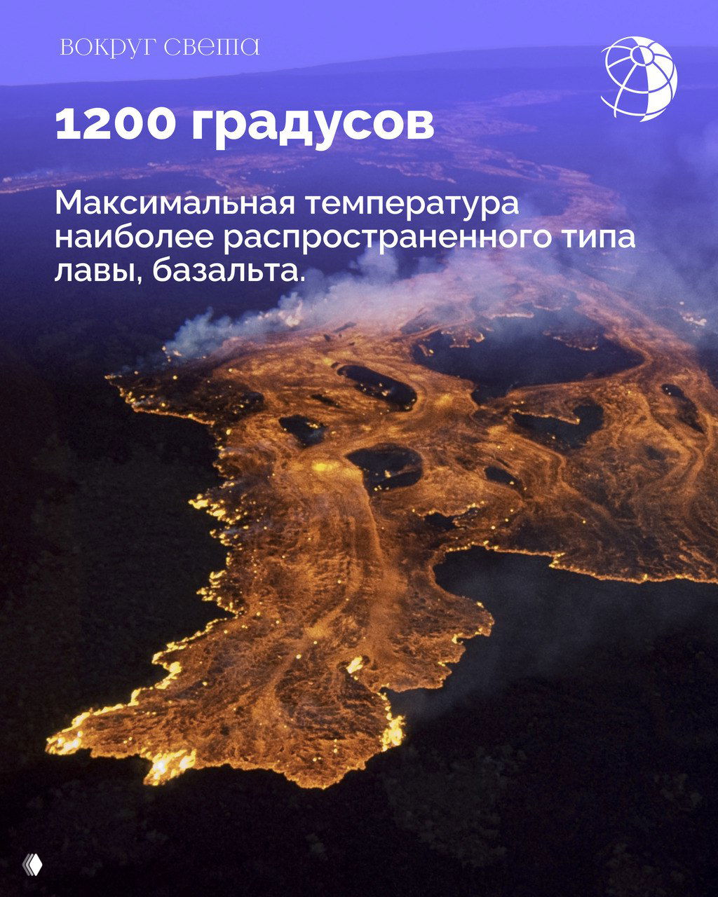 Аэрофотоснимок расплавленной лавы базальтового состава, текучие светящиеся потоки лавы на тёмном ландшафте в сумерках.