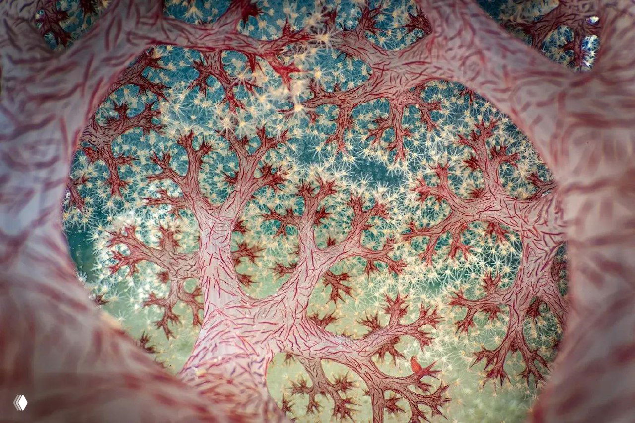 Абстрактное макроизображение с перекрёстными текстурами и пятнами цвета, близкий план мелких деталей и цветовых переходов в работе конкурса.