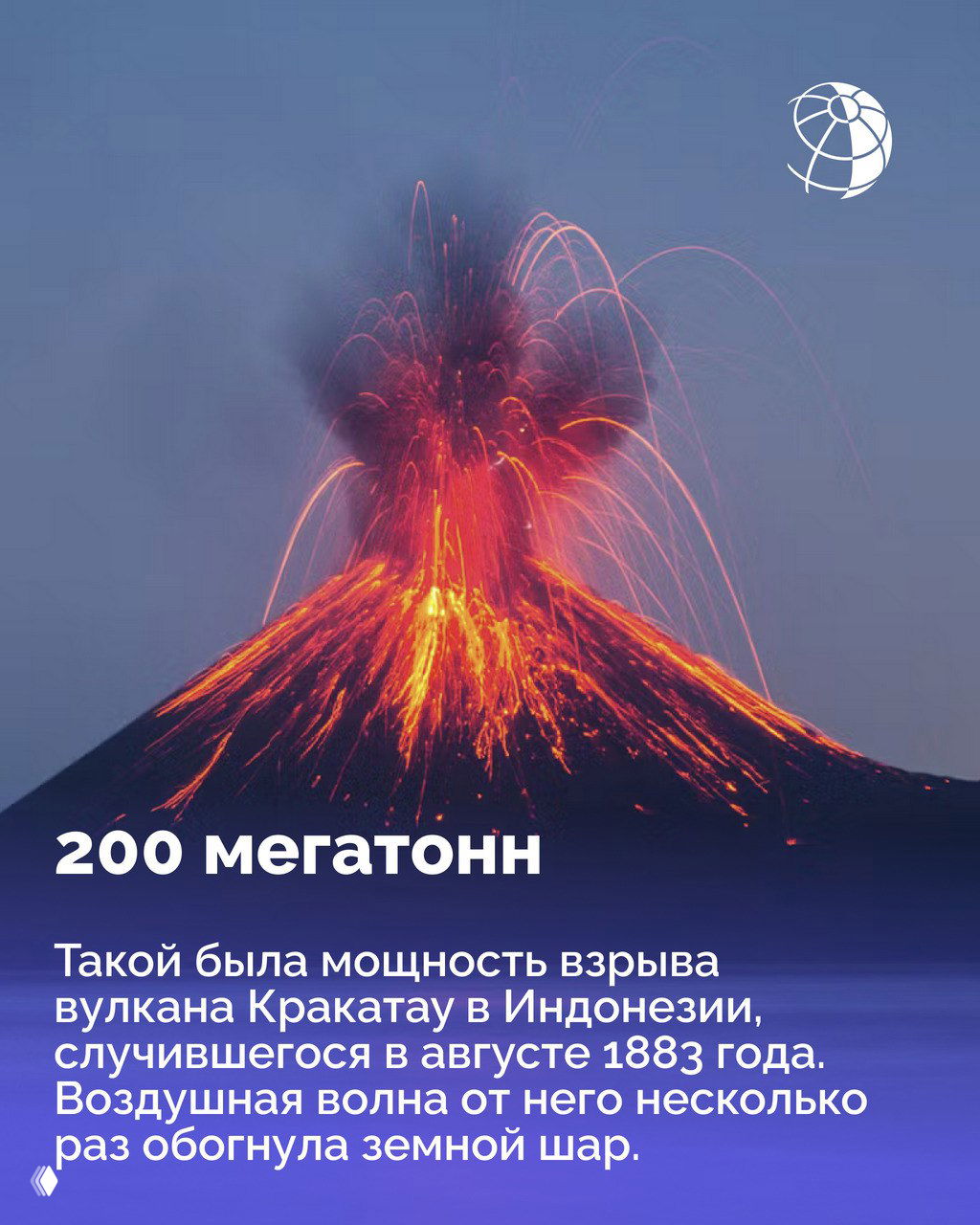 Фотография извержения: фонтан лавы и выбросы раскалённых фрагментов породы на вершине вулкана ночью, яркие оранжевые потоки.