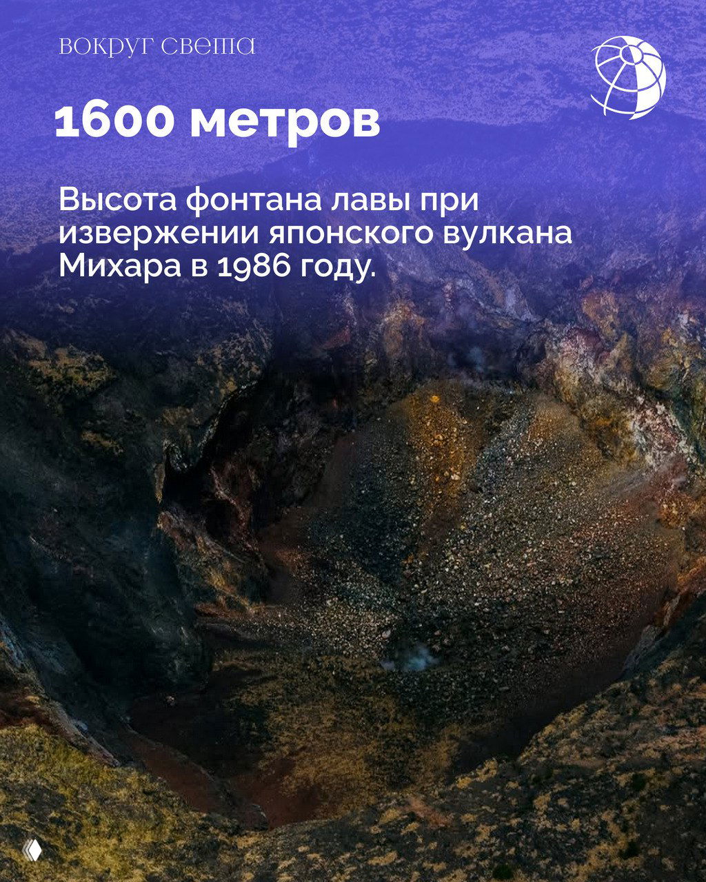 Кратерный вид с высоты: воронка и скалистые внутренности кратера, визуализация высоты фонтана лавы, пример Михара 1986 года.