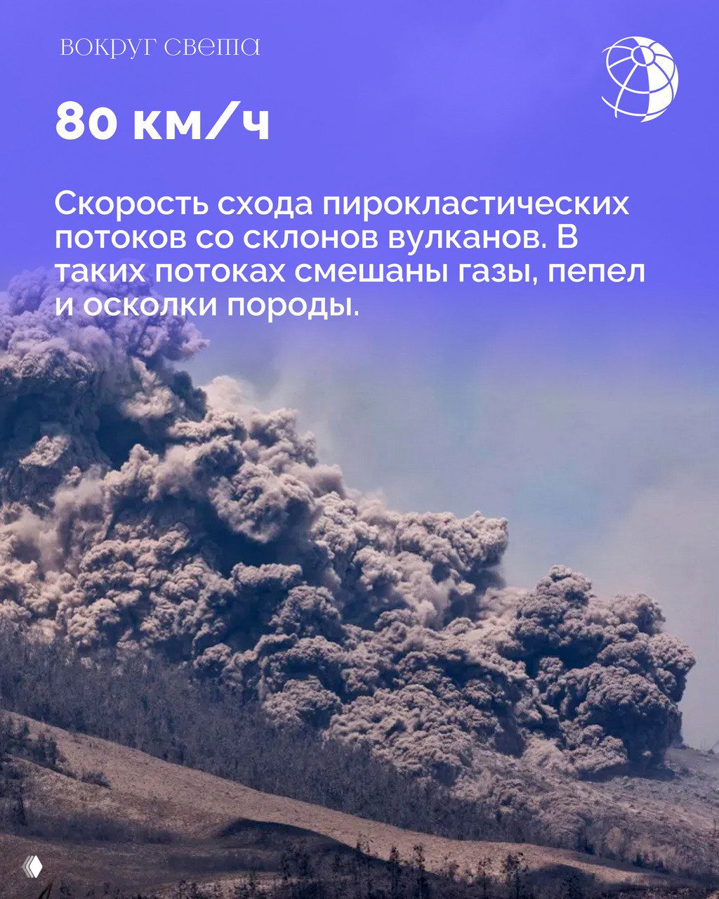 Пирокластический поток: большая облачная масса пепла и обломков, стремительно сползающая по склону вулкана в зонах поражения.