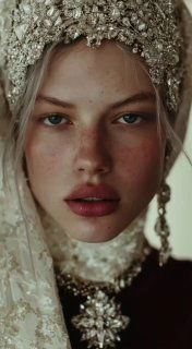 Крупный портрет женщины в славянском головном уборе и меховой отделке — художественный образ ИИ для обложки Marie Claire.