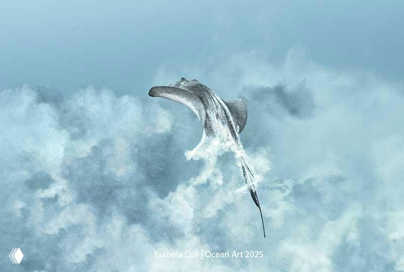 Атмосферный художественный кадр прыгающего морского животного над волнами; минималистичная композиция победителей Ocean Art 2025.