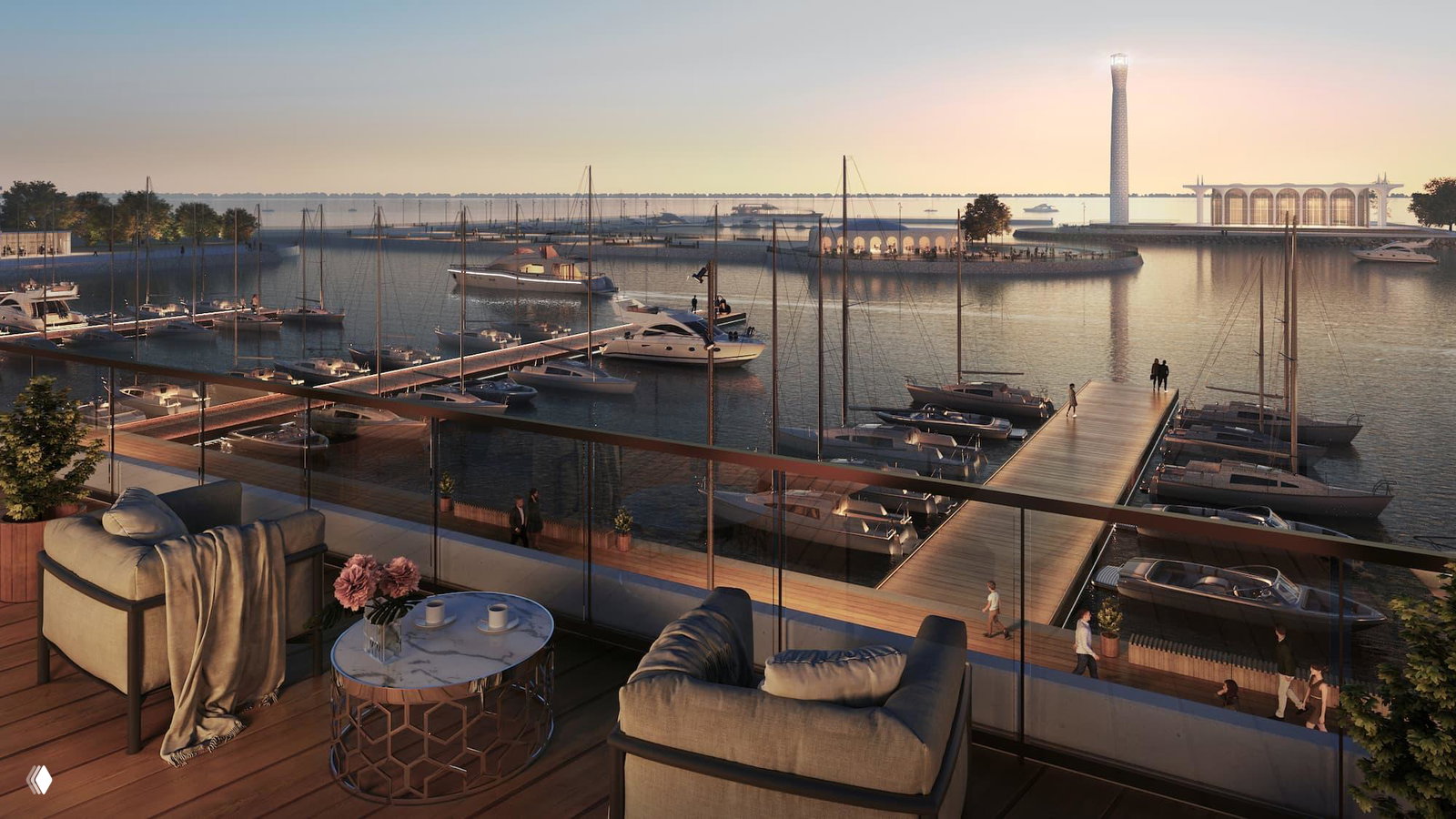 Вид с террасы на марину: лодки и причалы, столик с чашками и кресла на балконе, спокойная вода и яхты в вечернем свете